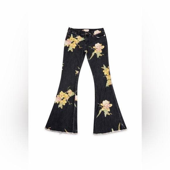 Free People Bali Miami Floral Flare Jeans Size 31 Black Boho Bell Bottom - Picture 4 of 9